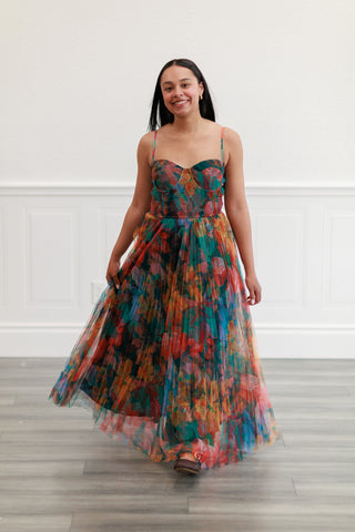 Pleated Floral Tulle Maxi Dress in Multi Orange