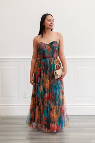 Pleated Floral Tulle Maxi Dress in Multi Orange
