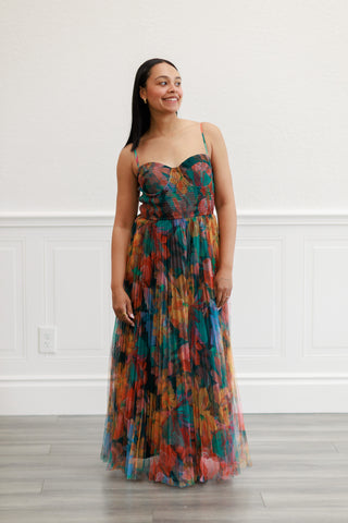 Pleated Floral Tulle Maxi Dress in Multi Orange
