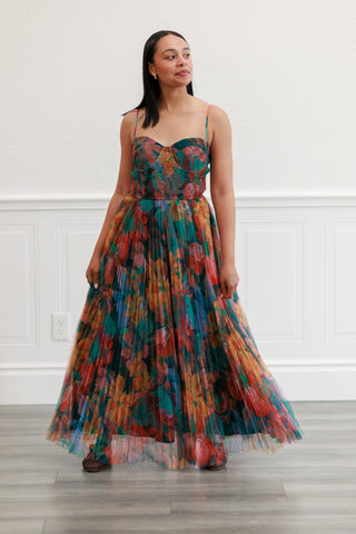 Pleated Floral Tulle Maxi Dress in Multi Orange