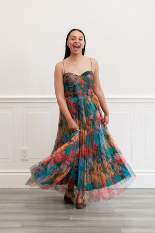 Pleated Floral Tulle Maxi Dress in Multi Orange