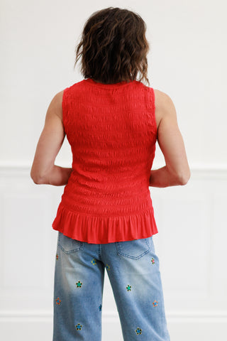 Smock Ruffle Hem Knit Tank Top in Red