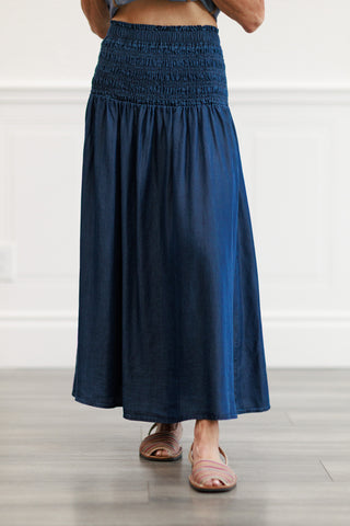 Smocked-Waist Midi Skirt in Dark Denim