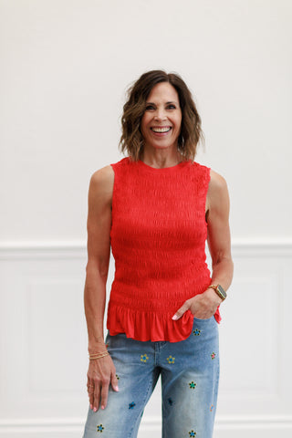 Smock Ruffle Hem Knit Tank Top in Red