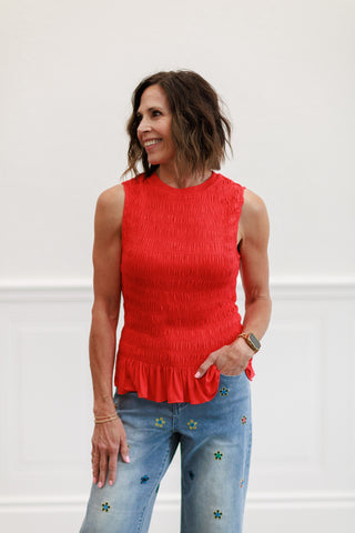 Smock Ruffle Hem Knit Tank Top in Red