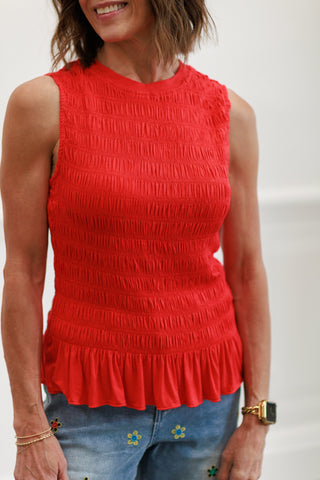 Smock Ruffle Hem Knit Tank Top in Red