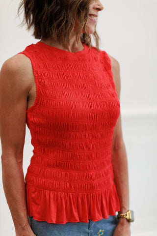 Smock Ruffle Hem Knit Tank Top in Red