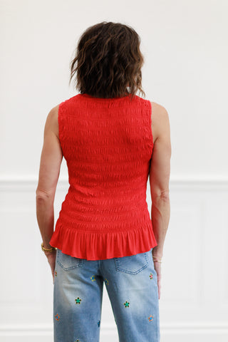 Smock Ruffle Hem Knit Tank Top in Red