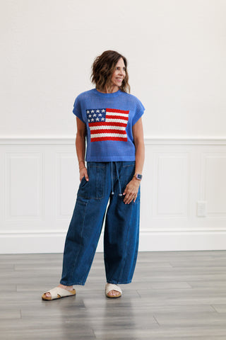 American Flag Open Stitch Sweater Top in Blue