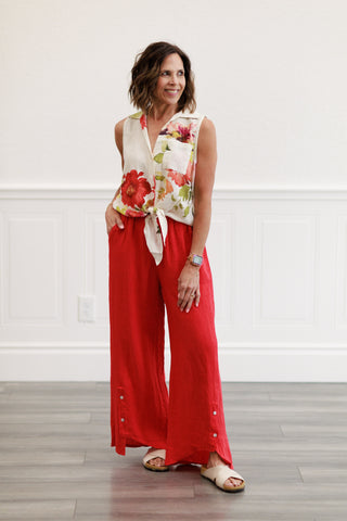 2-Button Layered Wide Leg Pants in Red Flame