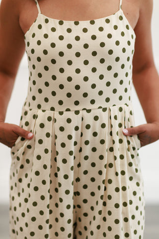 Polka Dot Smock Wide-leg Jumpsuit in Cream/Olive