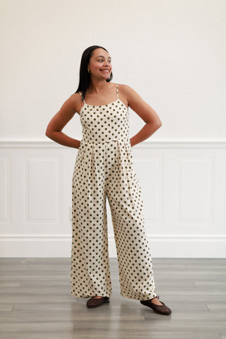 Polka Dot Smock Wide-leg Jumpsuit in Cream/Olive