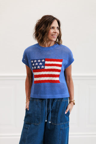 American Flag Open Stitch Sweater Top in Blue