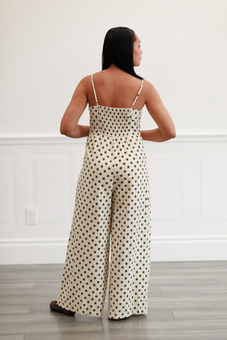 Polka Dot Smock Wide-leg Jumpsuit in Cream/Olive
