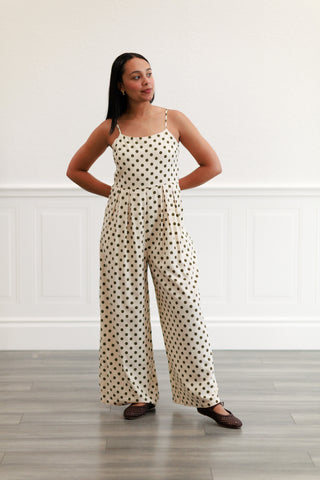 Polka Dot Smock Wide-leg Jumpsuit in Cream/Olive