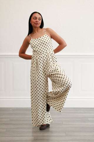 Polka Dot Smock Wide-leg Jumpsuit in Cream/Olive