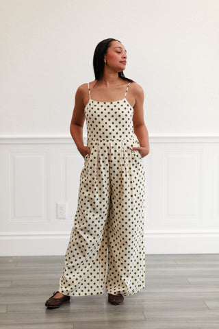 Polka Dot Smock Wide-leg Jumpsuit in Cream/Olive