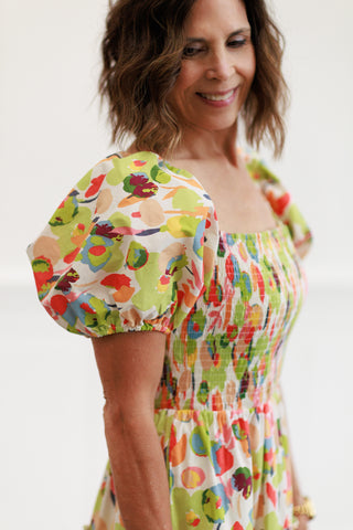 Printed Cotton Poplin Tiered Dress in Coral Sage
