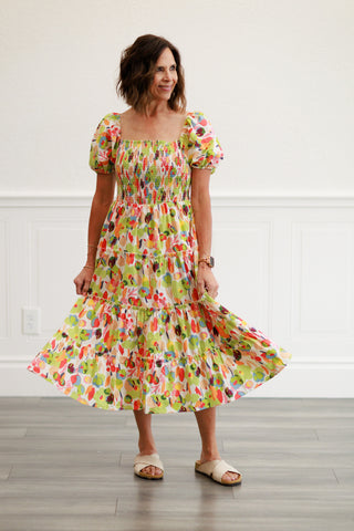 Printed Cotton Poplin Tiered Dress in Coral Sage
