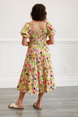 Printed Cotton Poplin Tiered Dress in Coral Sage