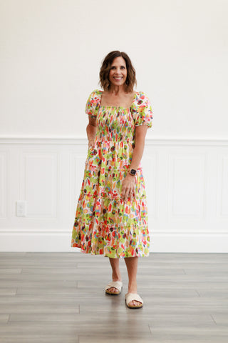 Printed Cotton Poplin Tiered Dress in Coral Sage