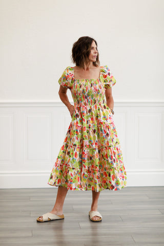 Printed Cotton Poplin Tiered Dress in Coral Sage