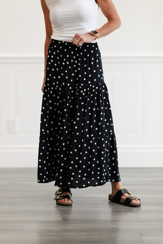 Polka Dot Tiered Maxi Skirt in Black