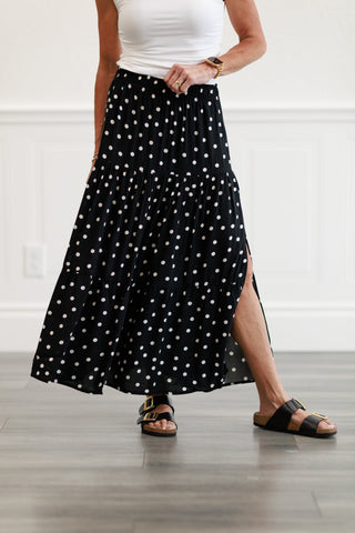 Polka Dot Tiered Maxi Skirt in Black