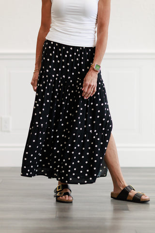 Polka Dot Tiered Maxi Skirt in Black