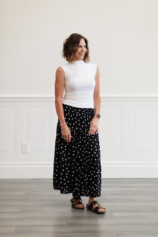 Polka Dot Tiered Maxi Skirt in Black