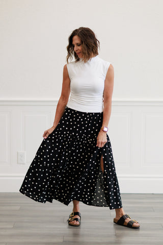 Polka Dot Tiered Maxi Skirt in Black