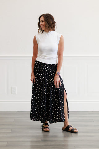 Polka Dot Tiered Maxi Skirt in Black