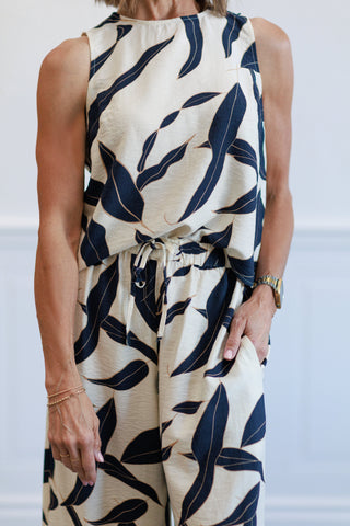 Leaf Print Back Button Sleeveless Top in Navy