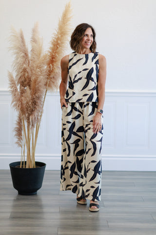 Leaf Print Elastic Waist Wide Pants in Navy