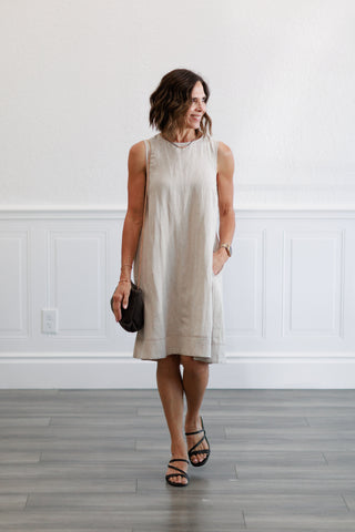 Linen Pleated Back A-Line Dress in Natural