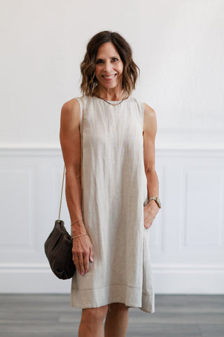 Linen Pleated Back A-Line Dress in Natural
