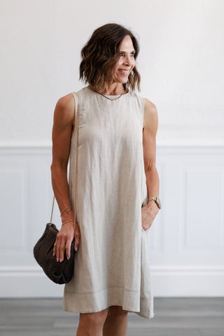 Linen Pleated Back A-Line Dress in Natural