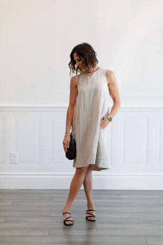 Linen Pleated Back A-Line Dress in Natural