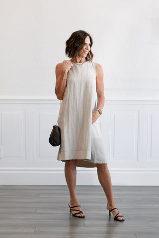 Linen Pleated Back A-Line Dress in Natural