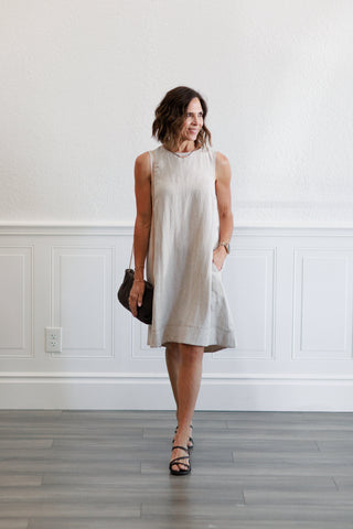 Linen Pleated Back A-Line Dress in Natural