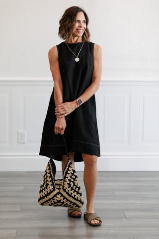 Linen Pleated Back A-Line Dress in Black
