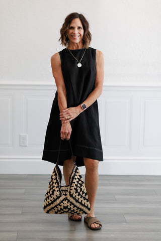 Linen Pleated Back A-Line Dress in Black