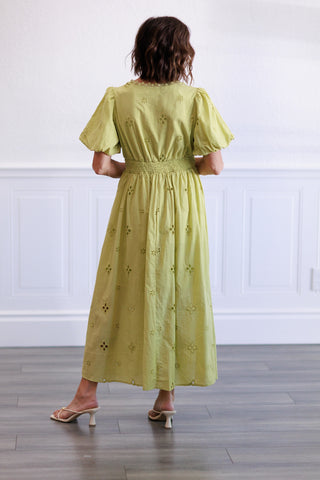 Princess Sleeve Eyelet Midi Dress in Pistachio