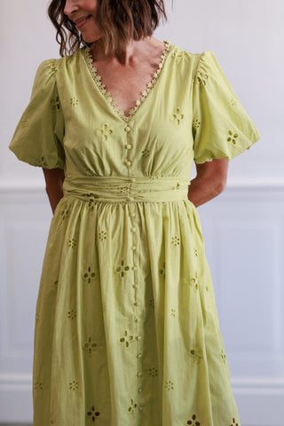 Princess Sleeve Eyelet Midi Dress in Pistachio