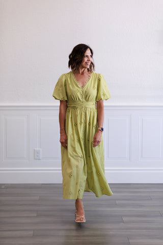 Princess Sleeve Eyelet Midi Dress in Pistachio