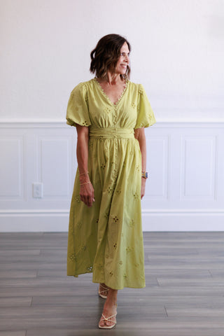 Princess Sleeve Eyelet Midi Dress in Pistachio
