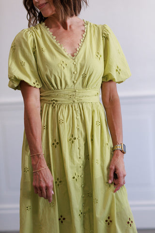 Princess Sleeve Eyelet Midi Dress in Pistachio
