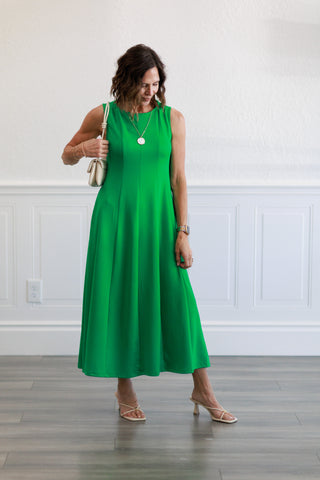 Sleeveless Panel Seam Midi Dress in Green