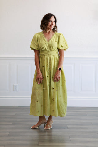 Princess Sleeve Eyelet Midi Dress in Pistachio