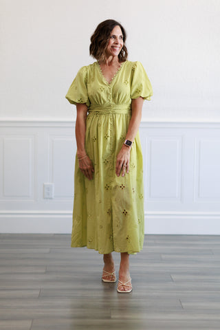 Princess Sleeve Eyelet Midi Dress in Pistachio